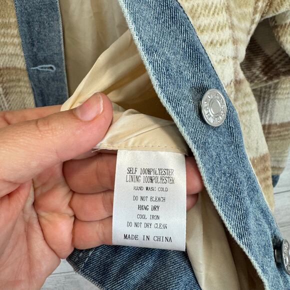 Impressions Plus Size Tan Plaid Denim Trim Fall Shacket Size 1X - Picture 6 of 9